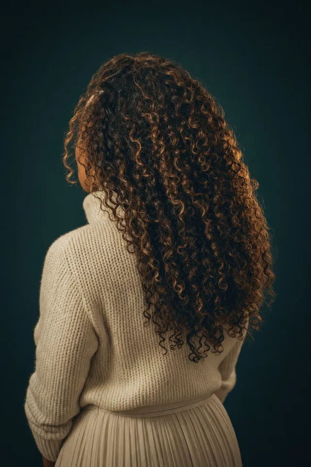 תלתלים ארוכים ומלאים בגוון כהה עם גוונים, סוודר בהיר (תמונת דמו)